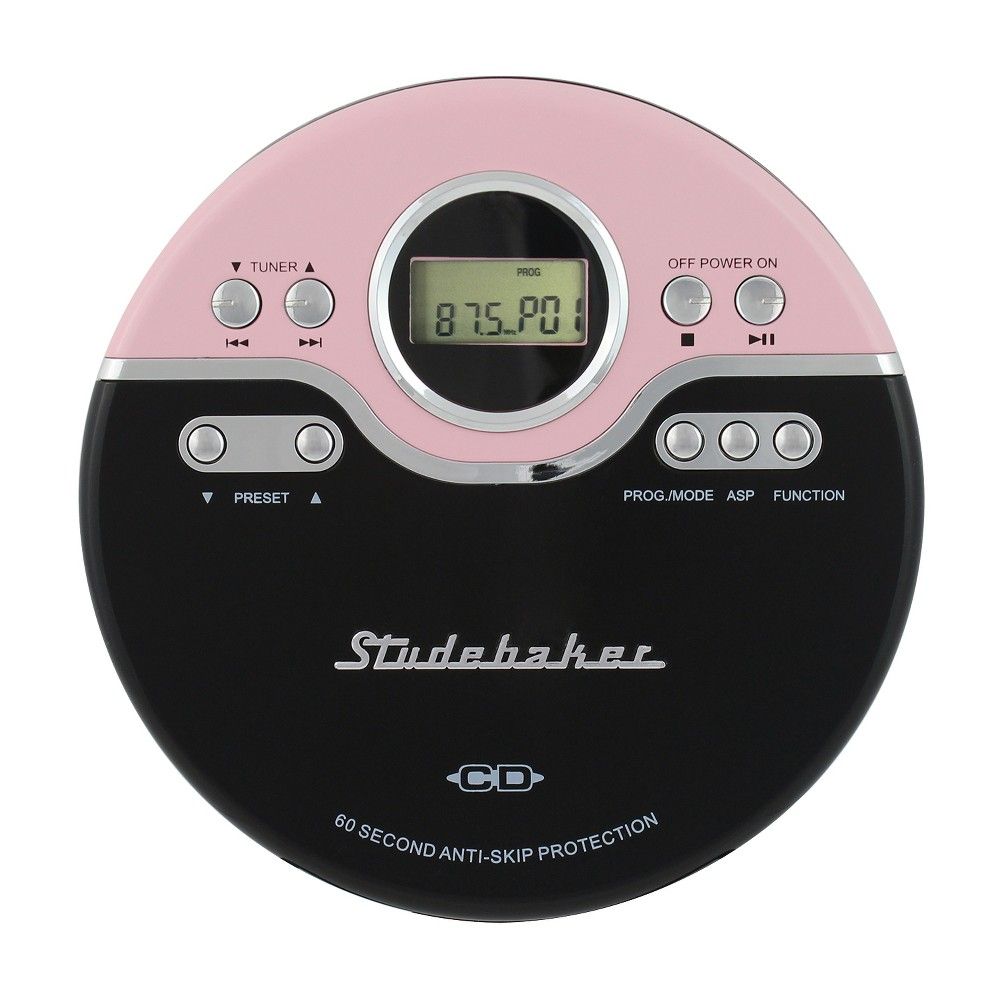 Studebaker Personal CD Player with FM Radio, 60 Second ASP and Earbuds (SB3703) – Pink