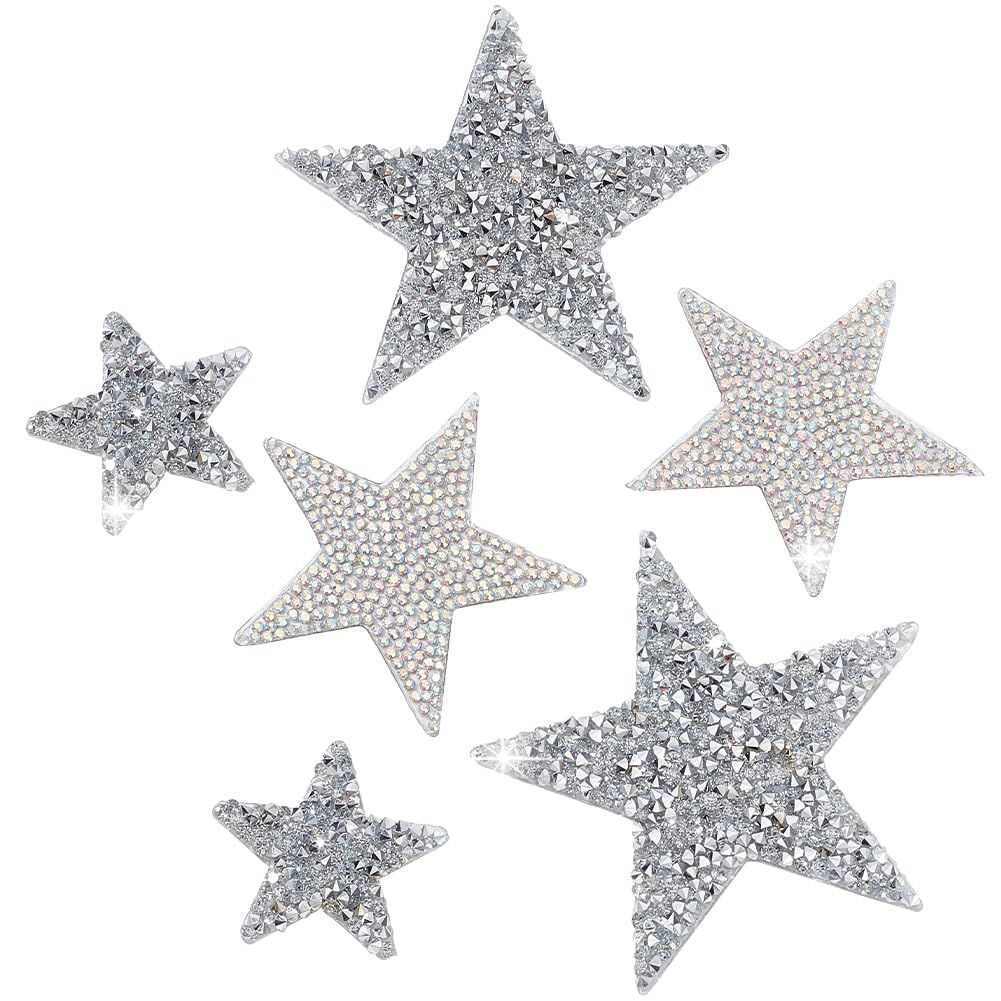 PH PandaHall Iron On Star Patches 6 pcs 3 Sizes Star Crystal Glitter Rhinestone Stickers Silver Star Patches Bling Star Patches Rhinestone Patches for Jeans Dress Home Decoration