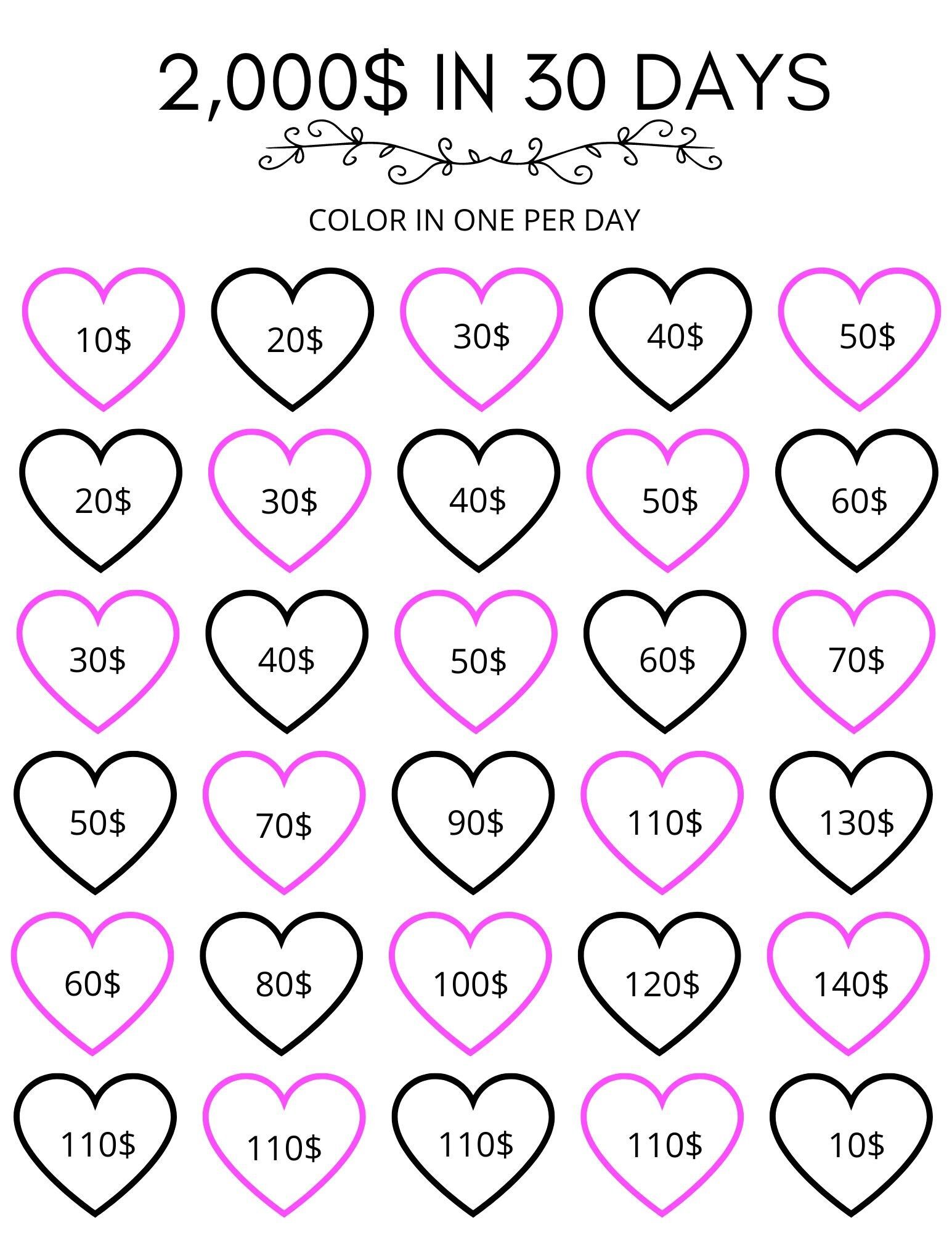 2k Productivity, Planner, Goal, Tasks, List, Checklist, Tracker, Printable, Money, Finance, Save, Challenge, 1 month savings challenge, 2000