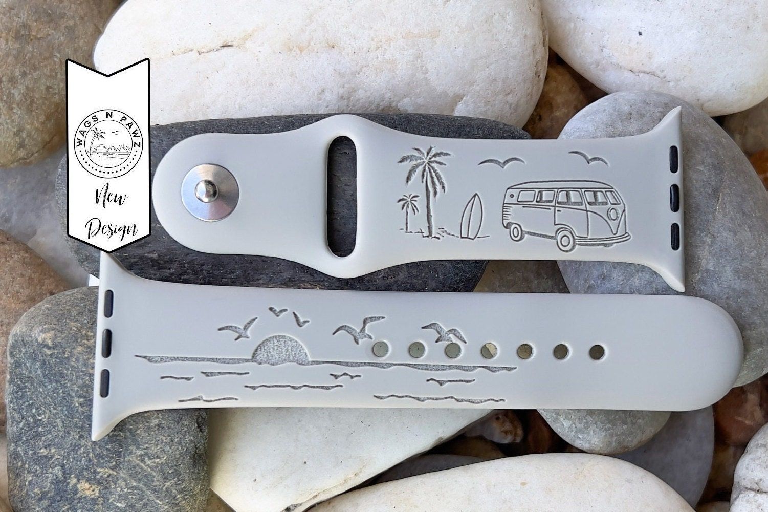 Ocean Surfing and Wave Design Silicone Laser Engraved Watch Band, Sunrise Watch Strap Compatible Series 7/6/5/4/3/2/1