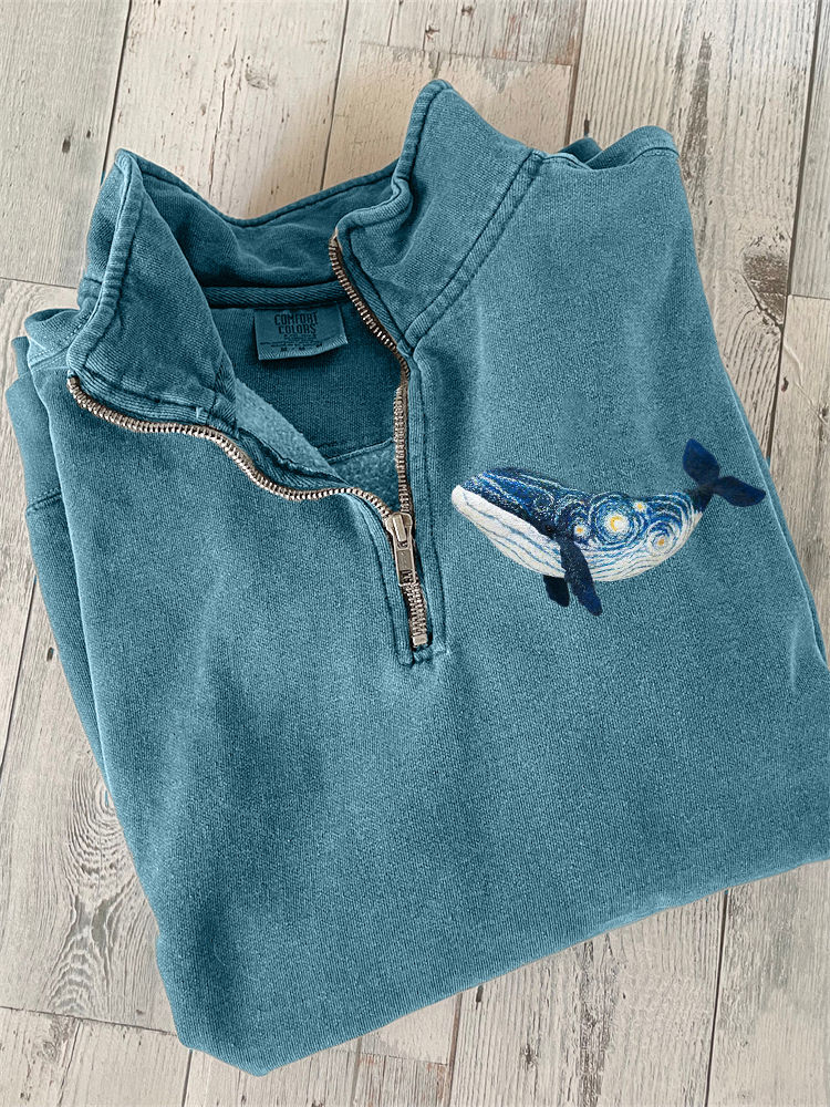 Starry Night Inspired Whale Embroidery Art Zip Up Sweatshirt Blue-S