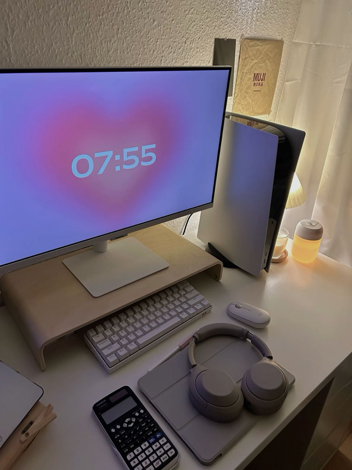 Aesthetic desk setup with Samsung M5 monitor and ps5, student desk setup, beige pink aesthetic