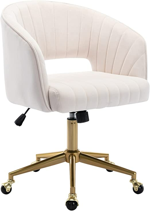 Home Office Chair Swivel Velvet Desk Chair Accent Armchair Upholstered Modern Tufted Chairs with Gold Base for Girls Women Ergonomic Study Seat Computer Task Stools for Living Room(Cream)