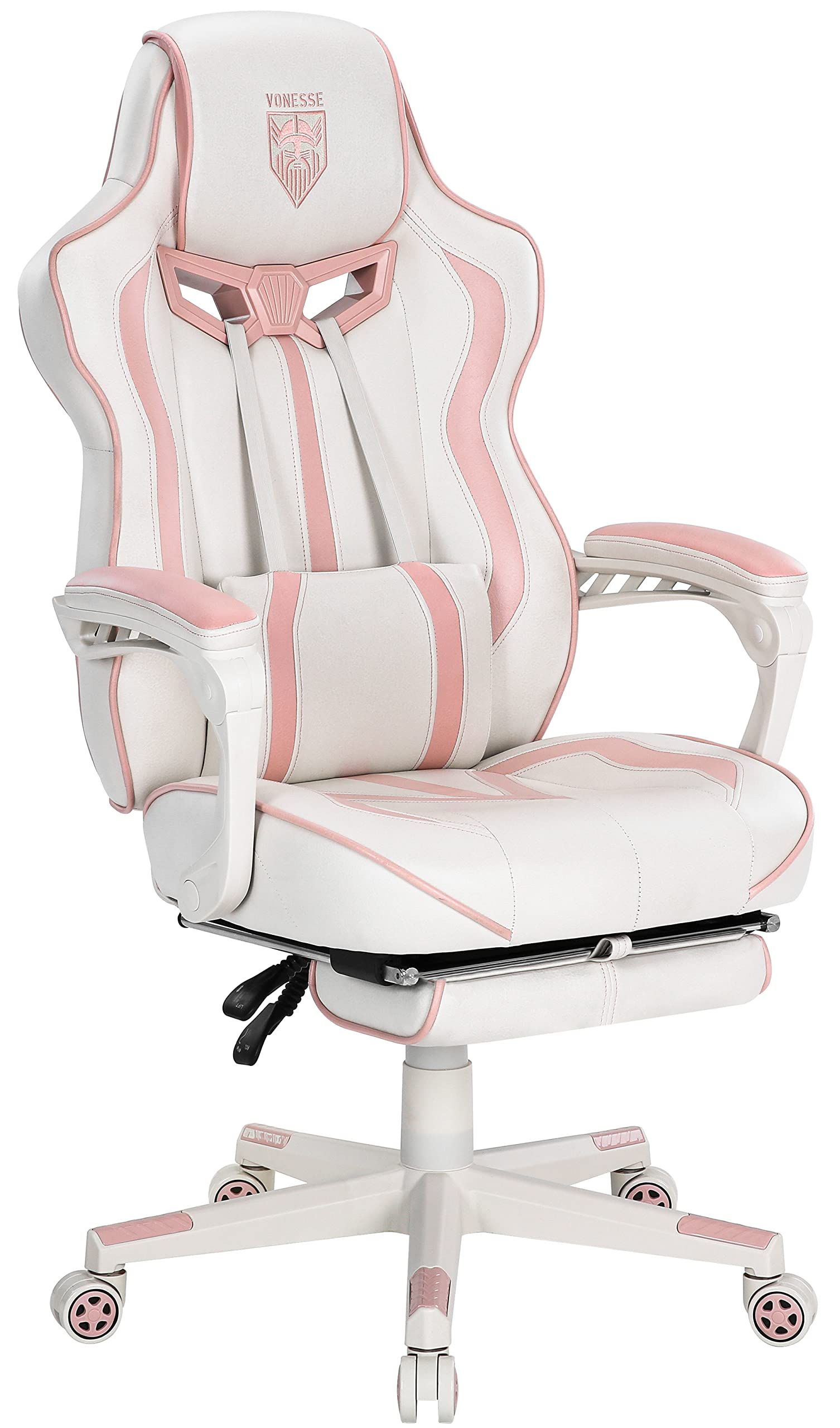 Vonesse Pink Gaming Chair for Girls, Pink Computer Gaming Chairs for Adults, Reclining Gamer Chair with Footrest with Massage, Ergonomic Home Office Gaming Chair High Back (White/Pink)