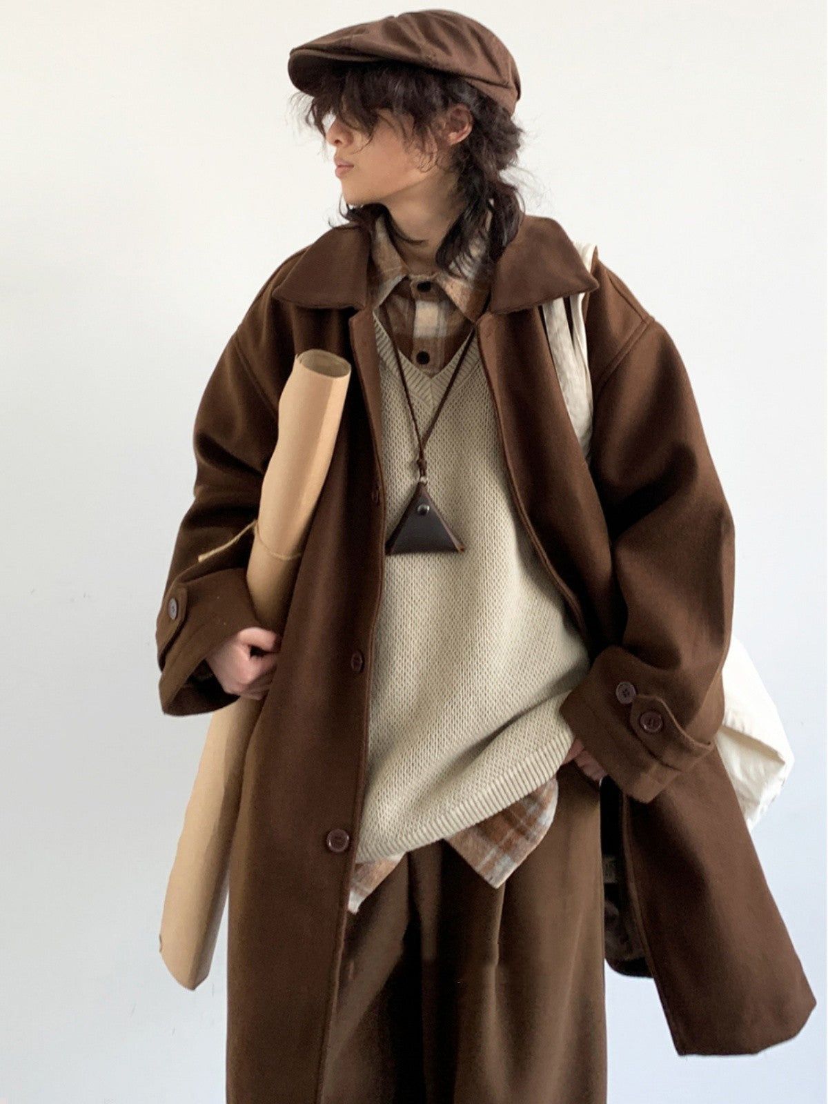 Japanese-style Retro Brown Woolen Coat – Coffee / L