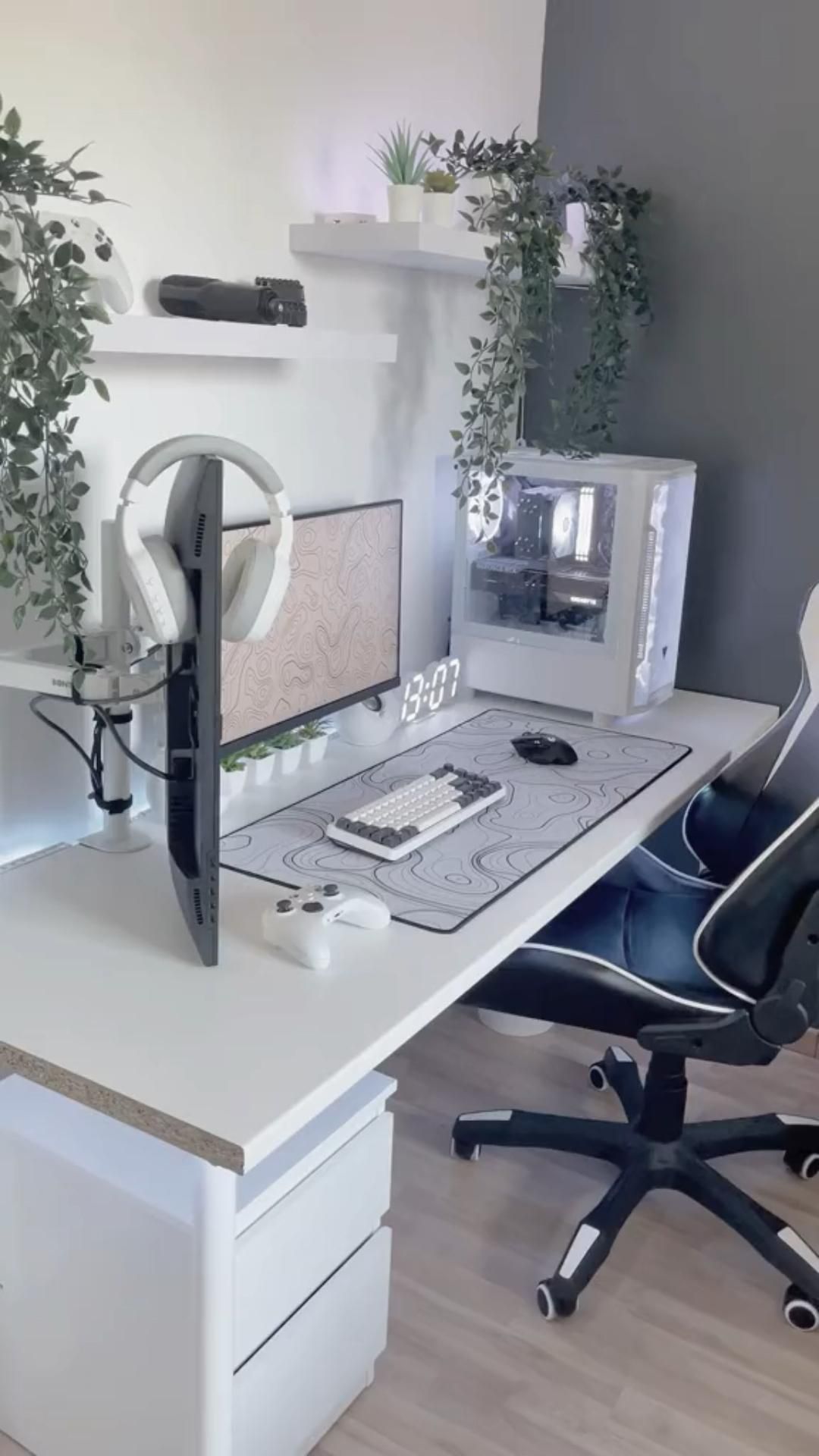 Aesthetic white Gaming setup with Topographic Mousepad