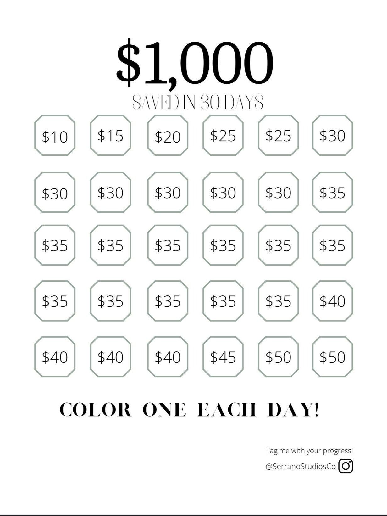 Printable 30 Day Saving Challenge To Save One Thousand Dollars