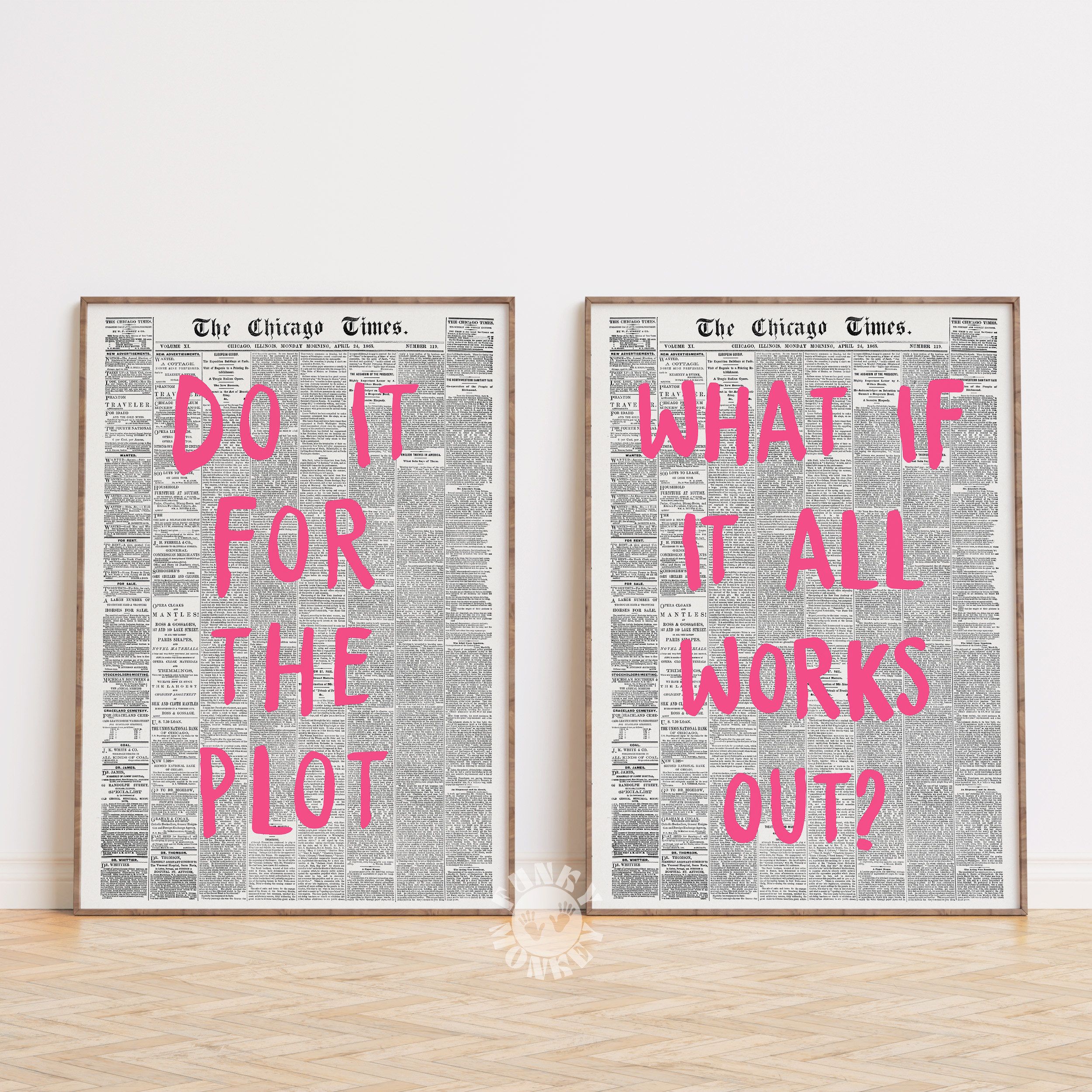 Do It For The Plot Trendy Wall Art Print Set of 2, What If It All Works Out Retro Newspaper Poster, Apartment Aesthetic Positive Affirmation