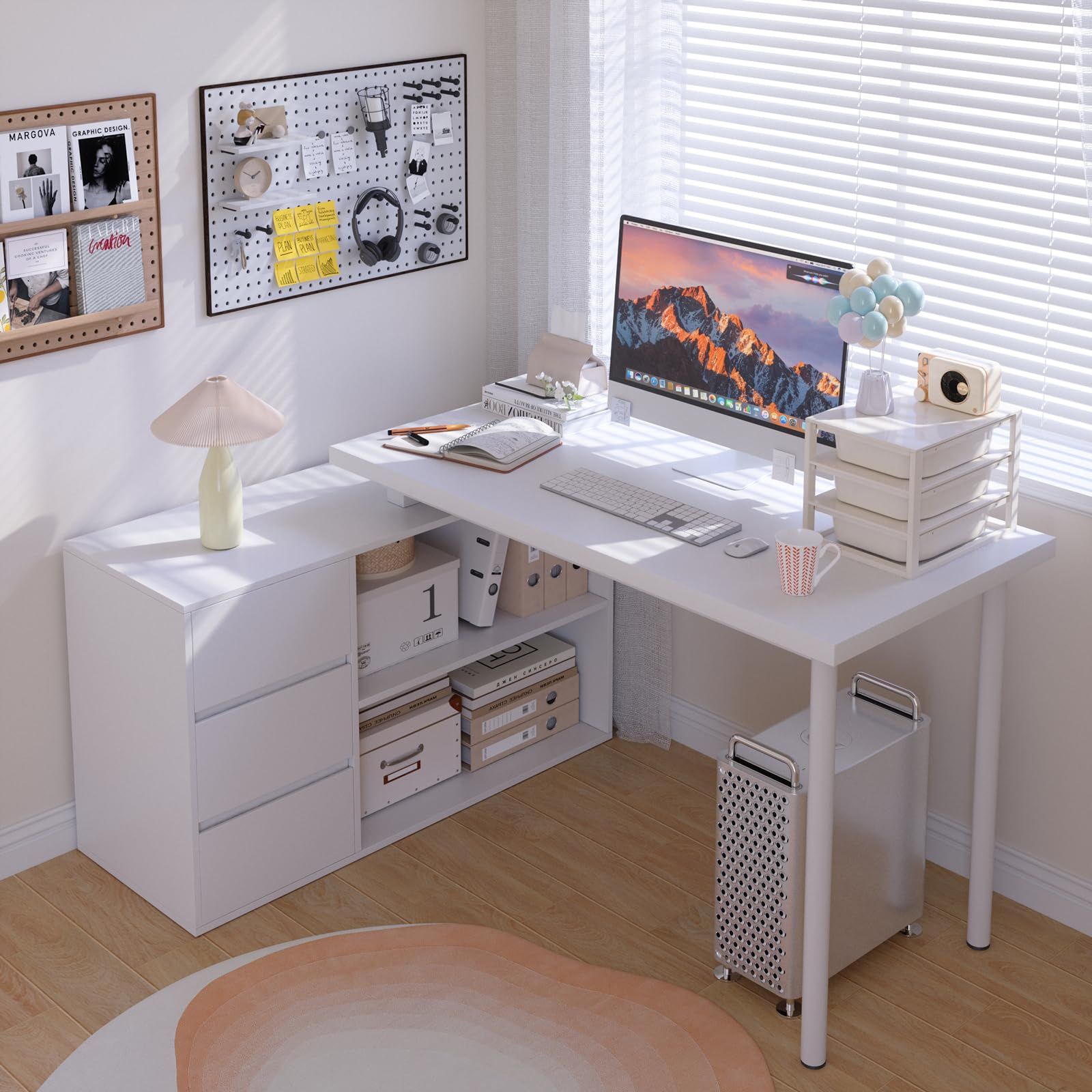 Jiaoun Home Office Computer Desk Corner Desk with 3 Drawers and 2 Shelves,55-inch L-Shaped Study Writing Desk, Small White Desk with Storage