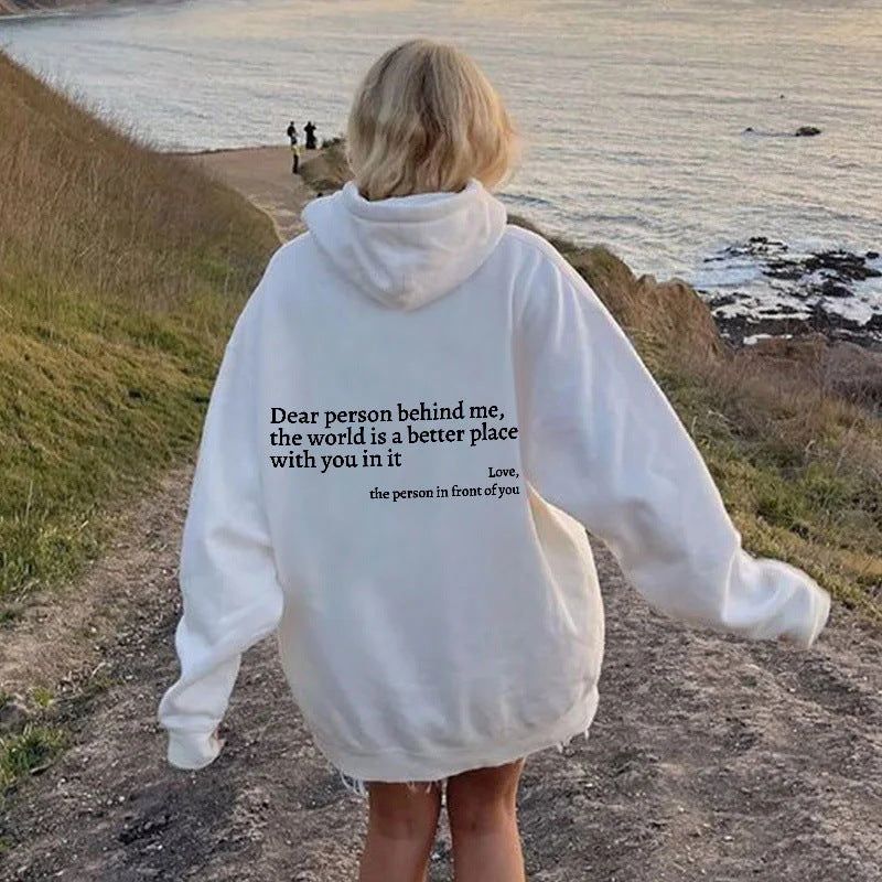 Dear Person Behind Me,the World Is A Better Place,with You In It,love,the Person In Front Of You,Women’s Plush Letter Printed Kangaroo Pocket Drawstring Printed Hoodie Unisex Trendy Hoodies – Beige / L