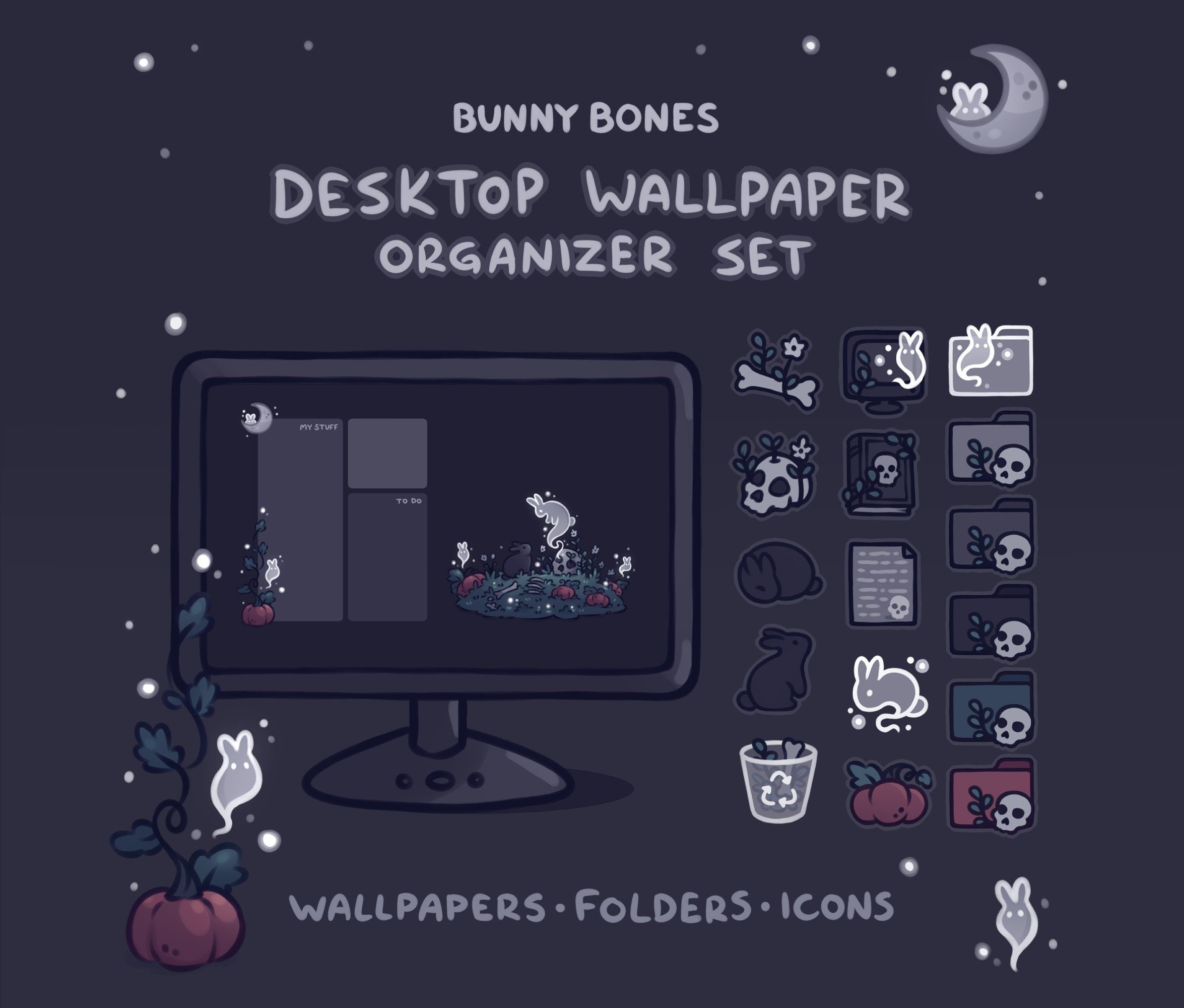 Bunny Bones Computer Desktop Theme Background Wallpaper Organizer Set