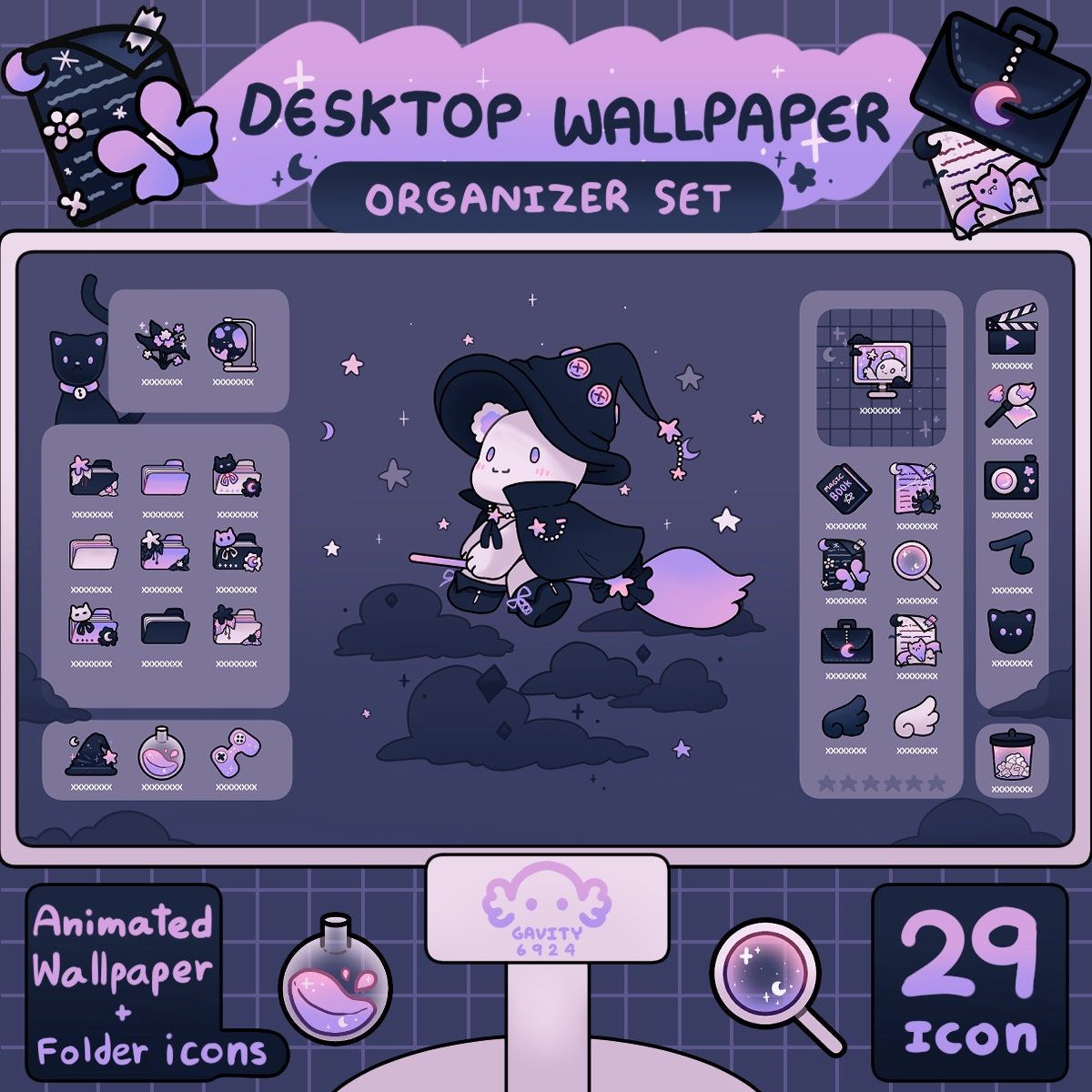 Windows and Mac | Magic Desktop Theme Background Wallpaper Organizer Set | Animated Folder Icons Wallpaper | Cute Desktop Organizer