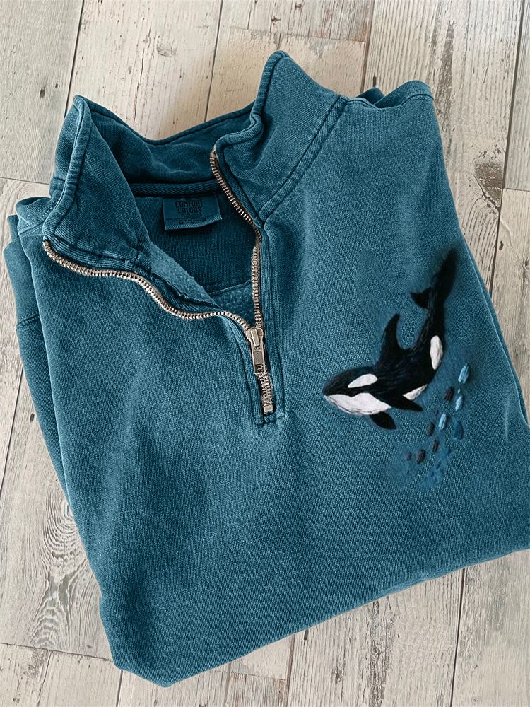 Killer Whale Embroidery Art Zip Up Sweatshirt Navy-XL