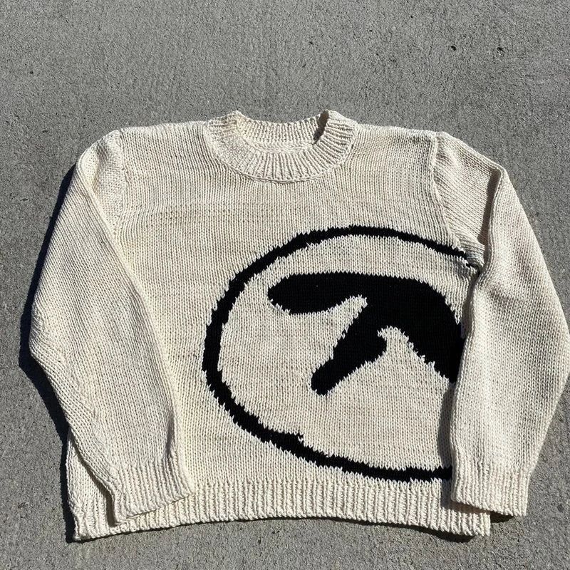 Xpoko Men’s Sweater Aphex Twin Knit Winter Oversized Vintage Long Sleeve Tops Jumper Pullover Y2k Streetwear Graphic Fashion Clothing – M / white