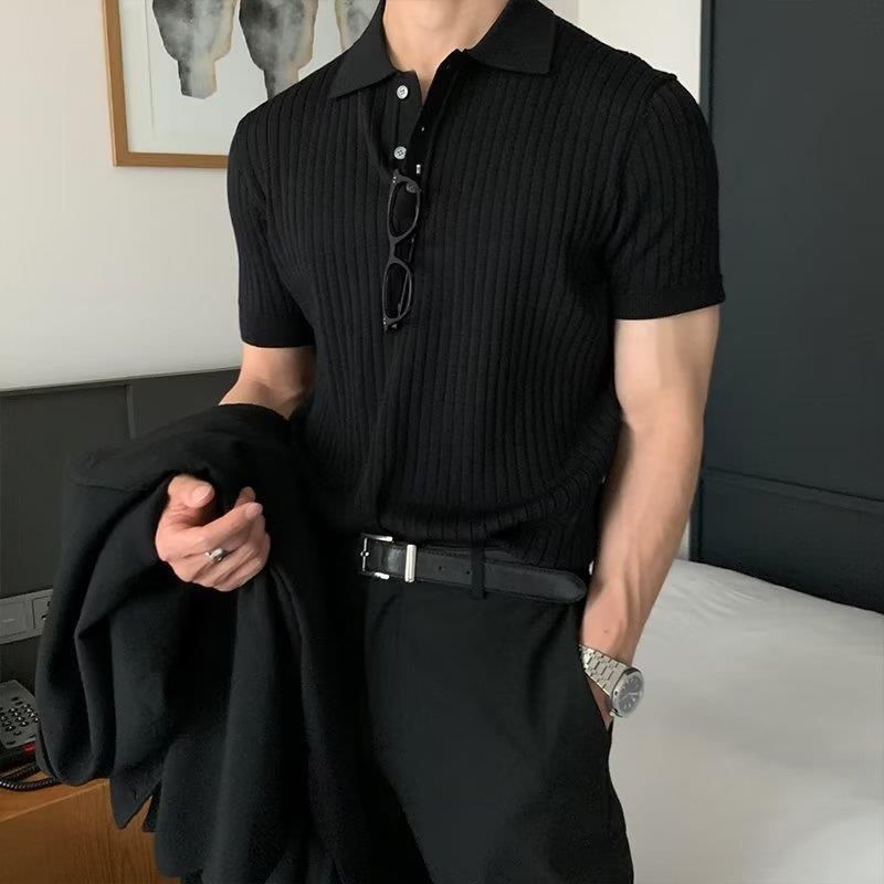 Lapel Polo Shirt Men’s Fashion Brand Casual Summer Texture Solid Color Korean Style Knitwear Short Sleeve T-shirt – Black / XL