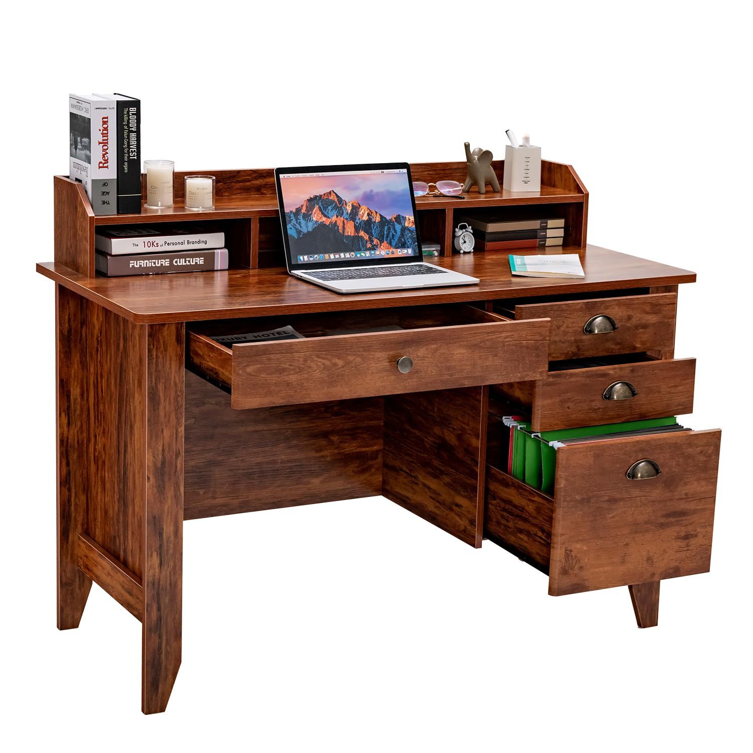 Safeplus 48″ Computer Desk with 4 Storage Drawers and Hutch Wood Executive Table for PC Laptop